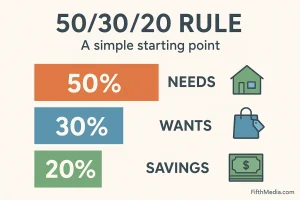 Infographic illustrating the 50/30/20 budgeting rule — 50% for needs (housing, utilities), 30% for wants (shopping, leisure), and 20% for savings (emergency fund, investments). Includes simple icons and the FifthMedia.com logo for branding.
