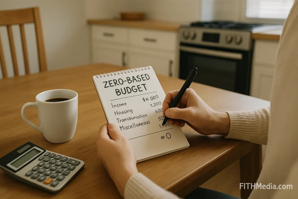 American adult reviewing monthly expenses on a minimalist digital interface in a warm, calm household setting — landscape layout, neutral colors, soft lighting, FiTHMedia.com watermark.