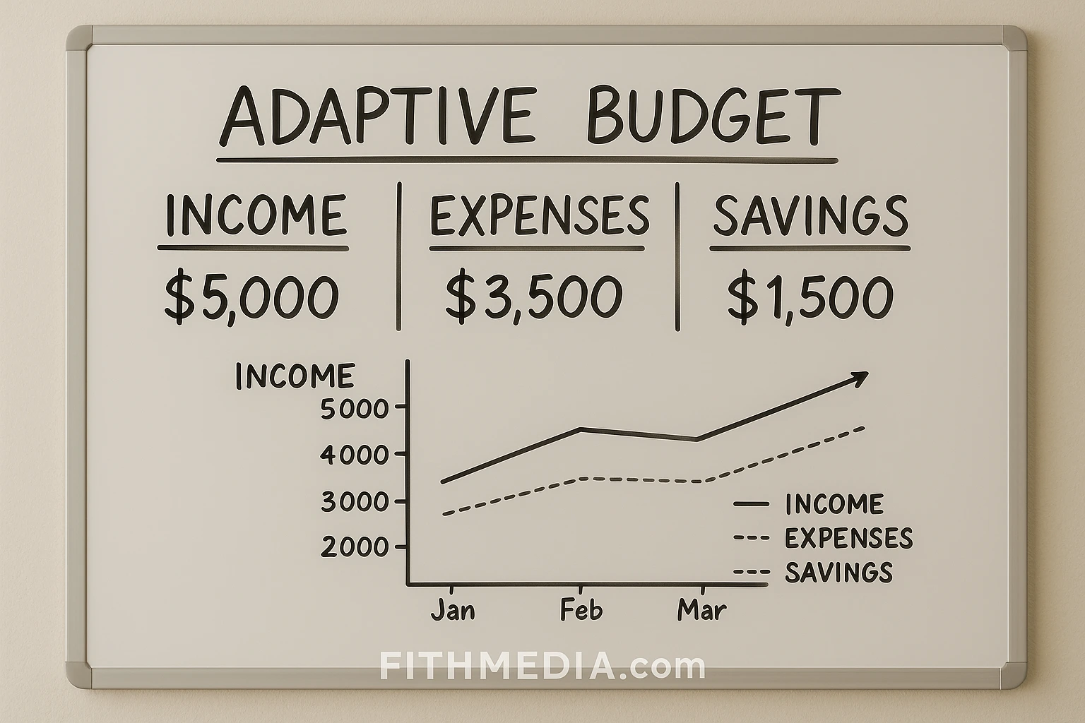 Adaptive budget whiteboard chart showing monthly income, expenses, and savings with a line graph and FITHMedia.com watermark.