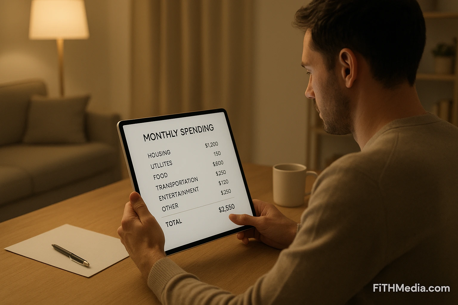 American adult reviewing monthly expenses on a minimalist digital interface in a warm, calm household setting — landscape layout, neutral colors, soft lighting, FiTHMedia.com watermark.