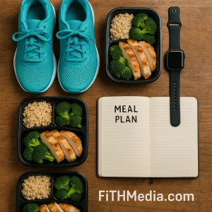 Flat lay image of turquoise running shoes, black smartwatch, and meal prep containers filled with chicken, broccoli, and brown rice beside an open notebook labeled “Meal Plan.” The setup sits on a wooden table with the FiTHMedia.com watermark visible at the bottom.