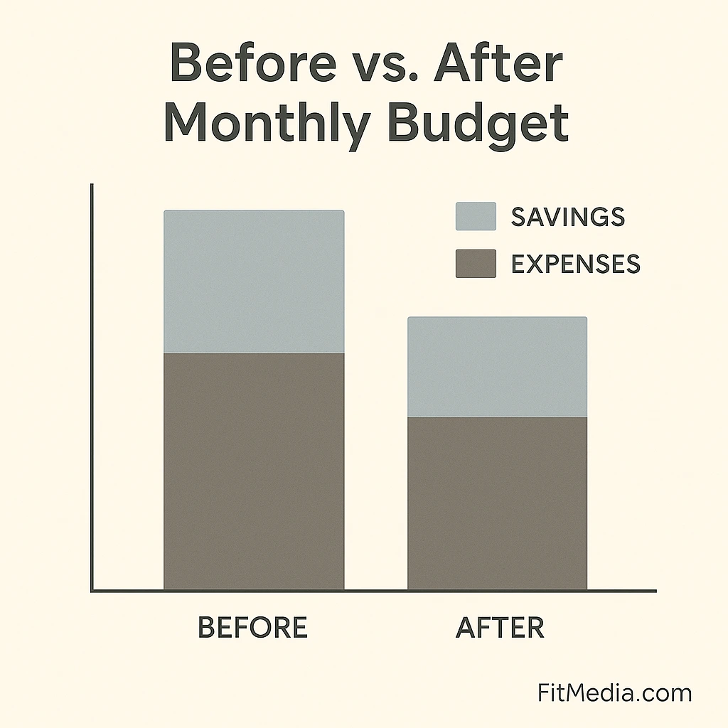 A minimalist bar chart comparing a “Before” and “After” monthly budget. The “Before” bar shows higher expenses and lower savings, while the “After” bar shows reduced expenses and increased savings. Soft neutral colors, modern flat style, and a small FITHMedia.com watermark in the corner. Designed for U.S. budgeting and personal finance content.