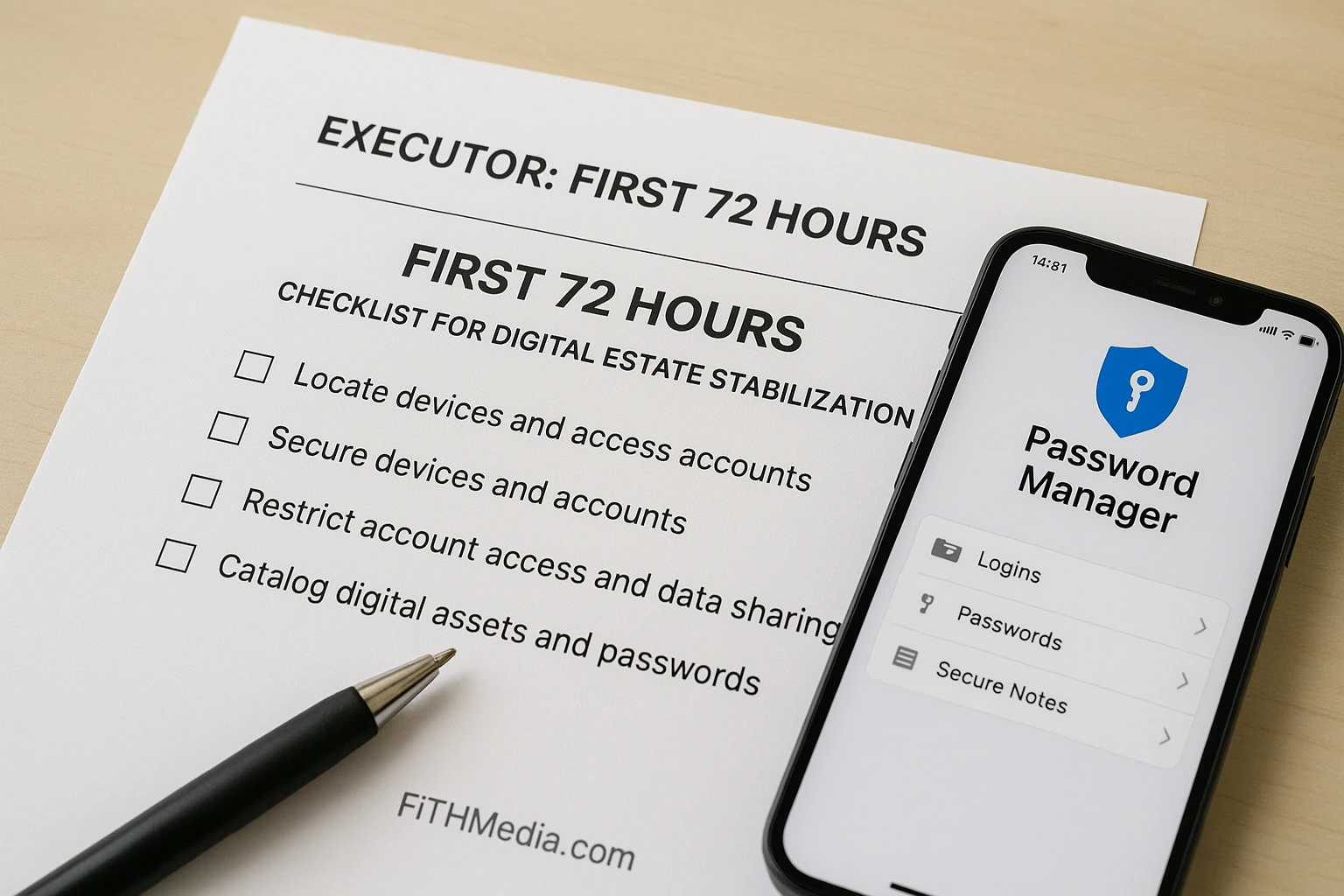 Close-up of an executor’s “First 72 Hours” checklist for digital estate stabilization on a wooden desk, with a black pen and a smartphone displaying a password manager app.