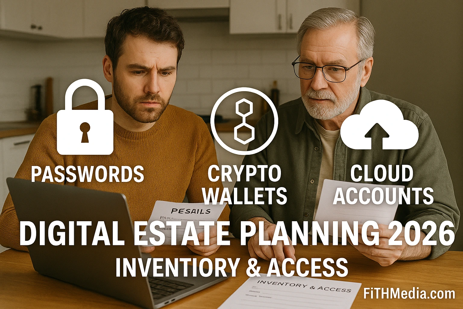 Adult child and parent at a kitchen table organizing passwords, crypto wallets, and cloud accounts for a 2026 digital estate plan, with visible icons and FiTHMedia.com watermark.