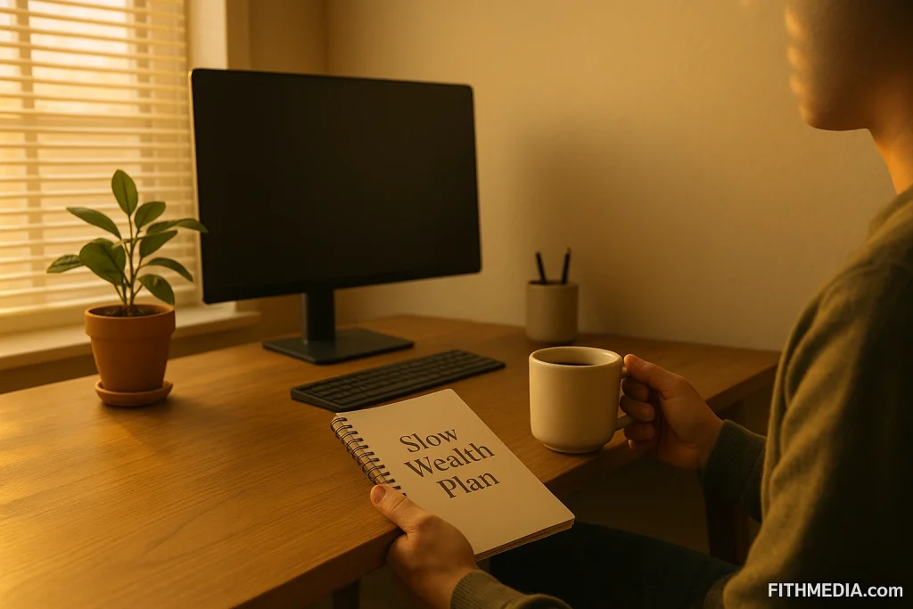 American adult reviewing a slow-wealth financial plan in a calm home office.