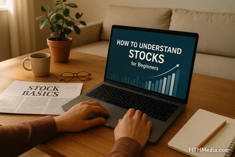 A person learning about stocks on a laptop in a calm American living room. A newspaper labeled “Stock Basics” sits on the desk beside a notebook, glasses, and a cup of coffee. Soft natural light creates a warm, peaceful environment.