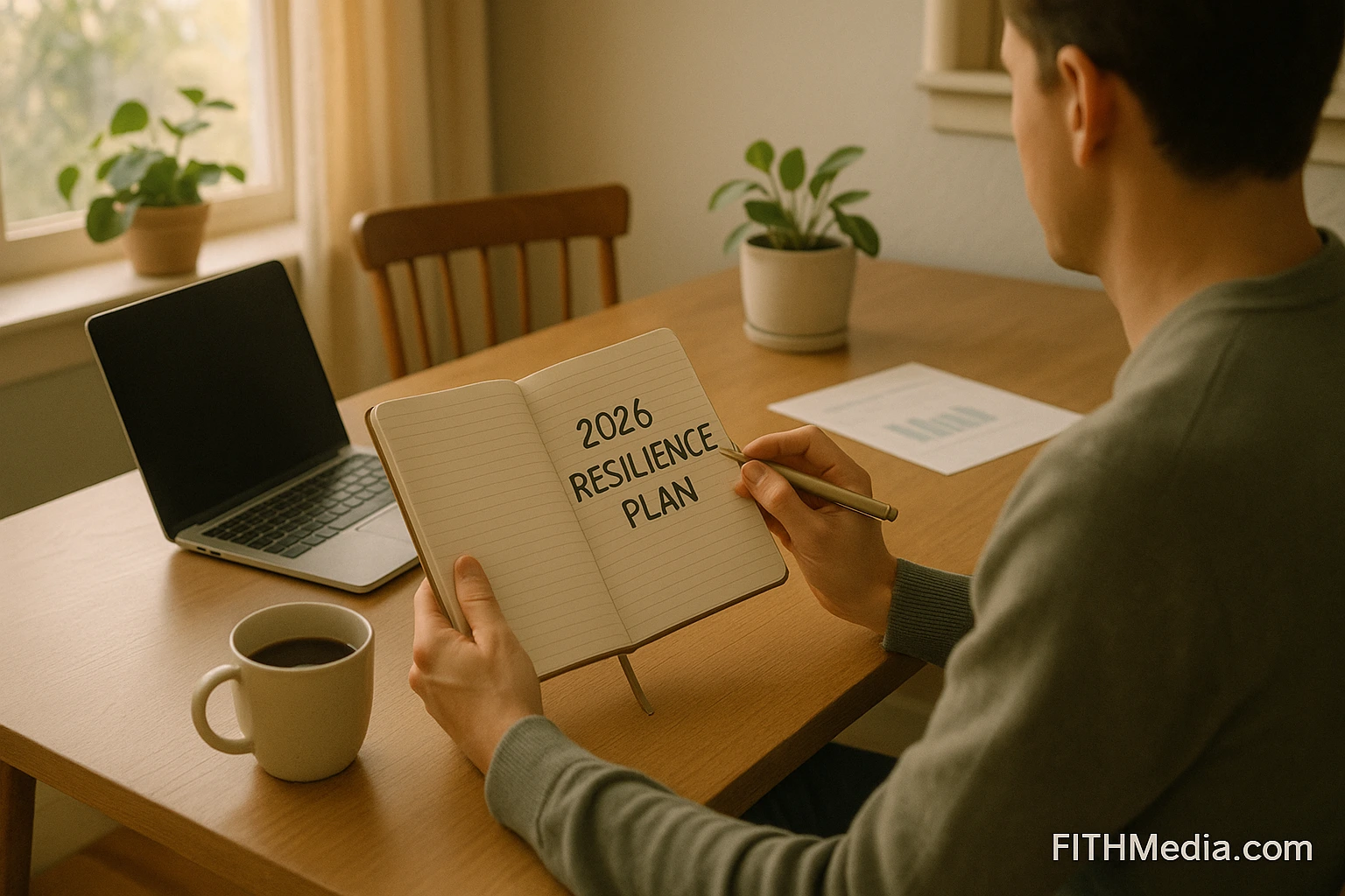Person reviewing a ‘2026 Resilience Plan’ notebook at a warm, sunlit home office table with coffee, laptop, and plant. Calm, hopeful financial resilience theme.
