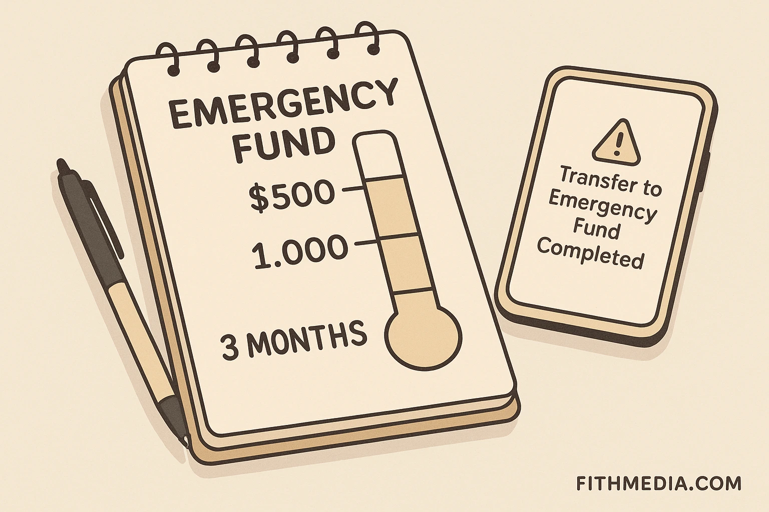 Illustration of an emergency fund savings tracker on a notepad showing progress toward $500 and $1,000 goals, with a smartphone notification reading “Transfer to Emergency Fund Completed,” and FITHMedia.com watermark.
