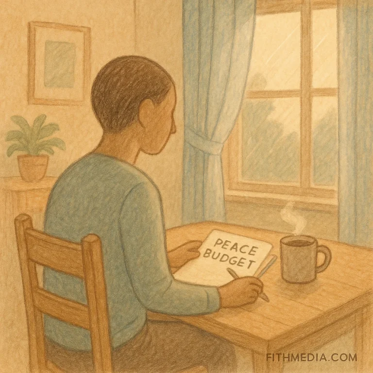 A warm, hand-drawn sketch of a person sitting at a wooden table in a calm American home. They write in an open notebook labeled “Peace Budget” beside a cup of tea, with soft sunlight streaming through a window. Gentle beige, blue, and green tones create a peaceful, hopeful atmosphere, with a subtle FITHMedia.com watermark at the bottom right.
