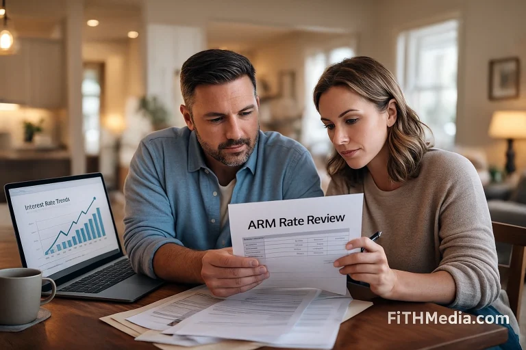 American couple reviewing an adjustable-rate mortgage estimate at a kitchen table with soft natural lighting.