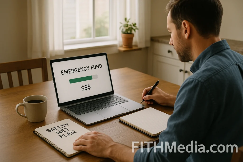 An American professional sitting at a kitchen table reviewing an “Emergency Fund” dashboard on a laptop, with a progress bar showing savings growth, a notebook labeled “Safety Net Plan,” and a coffee mug in soft morning light.