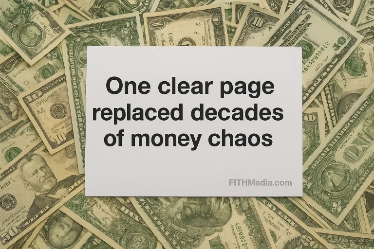 A white card placed on top of scattered U.S. dollar bills displaying the text “One clear page replaced decades of money chaos,” with a small FITHMedia.com watermark at the bottom.