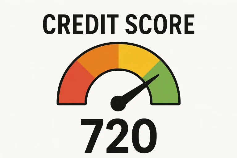 A landscape credit-score graphic showing a semicircle gauge with red, orange, yellow, and green sections, a needle pointing to the green range, and the number 720 displayed beneath the gauge with “CREDIT SCORE” written above.