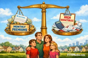 Illustration of a balance scale with “Monthly Premiums” on one side and “High Deductibles” on the other, a worried middle-class family standing underneath, suburban neighborhood in the background, with FITHMedia.com watermark.